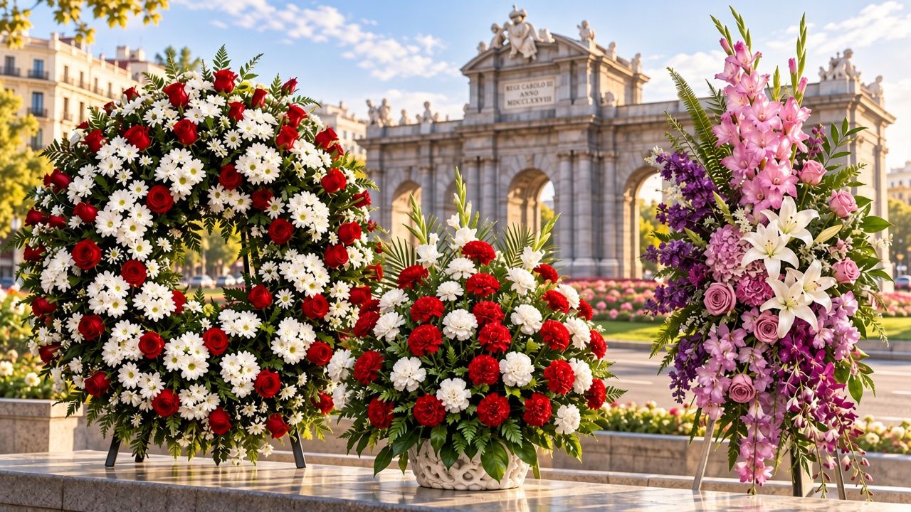 Coronas y centros funerarios frente a la Puerta de Alcalá en Madrid