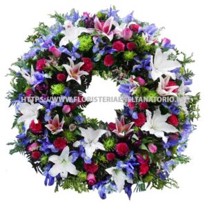 Corona con Lilium, Anastasias, Iris y Rosas