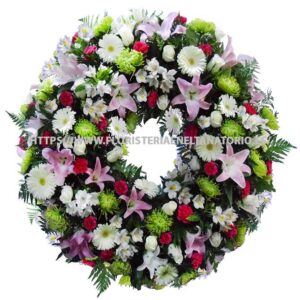 Corona con Lilium, Alstroemeria, Gerbera, Rosas y Anastasias