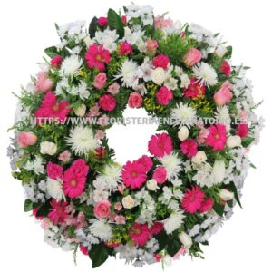 Corona con Rosas, Alstroemerias, Margaritas, Gerberas y Anastasias.